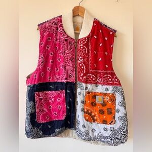 Carhartt Rare Custom Bandana Print Cream Ribbed Collar Zip Up Vest Jacket Large
